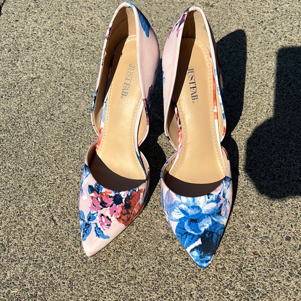 JustFab Pink and Blue Heels with Elegantt Floral Design